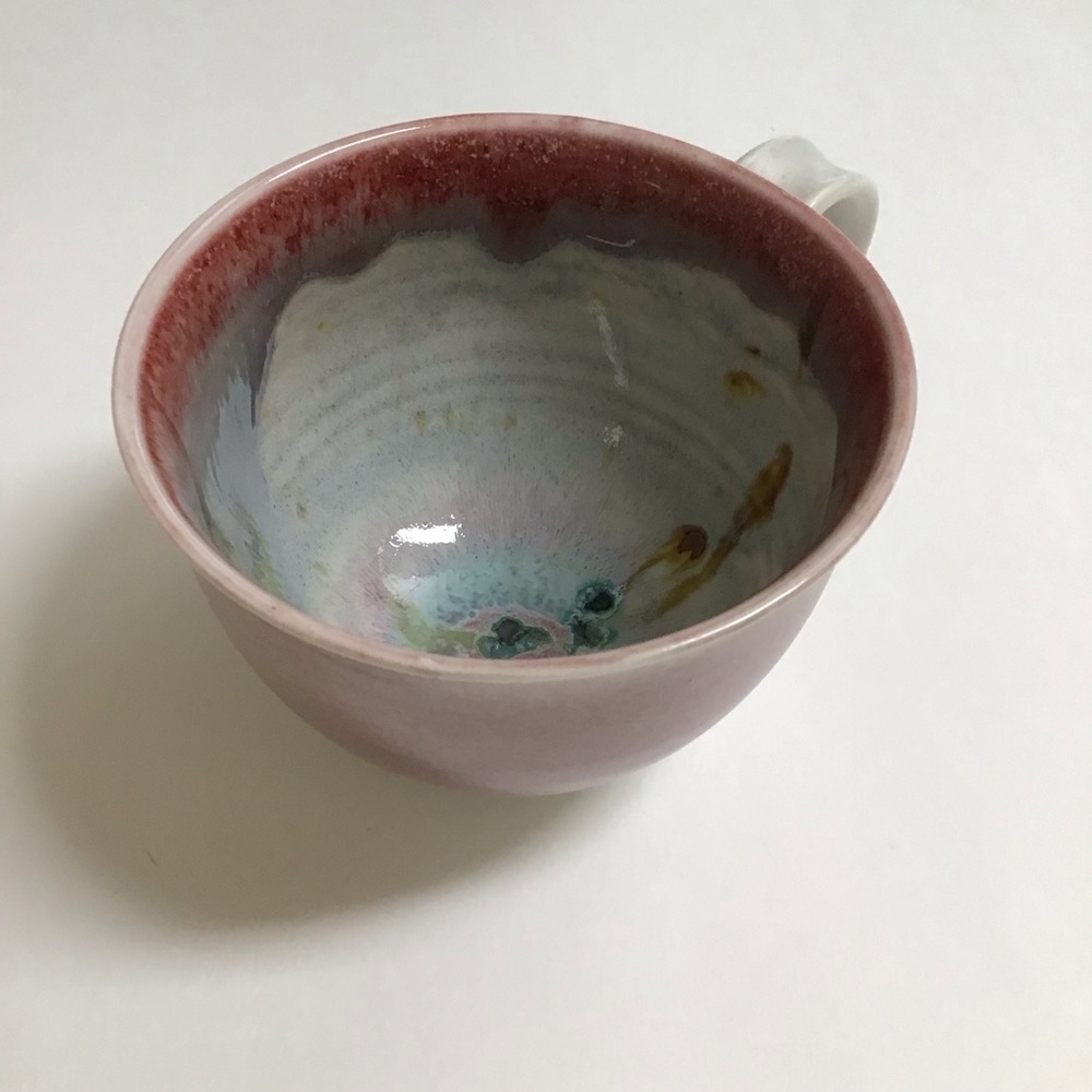 Studio Pottery Coffee Cup SIGNED Pink Green Blue 4” Handmade Handle Mod Teacup